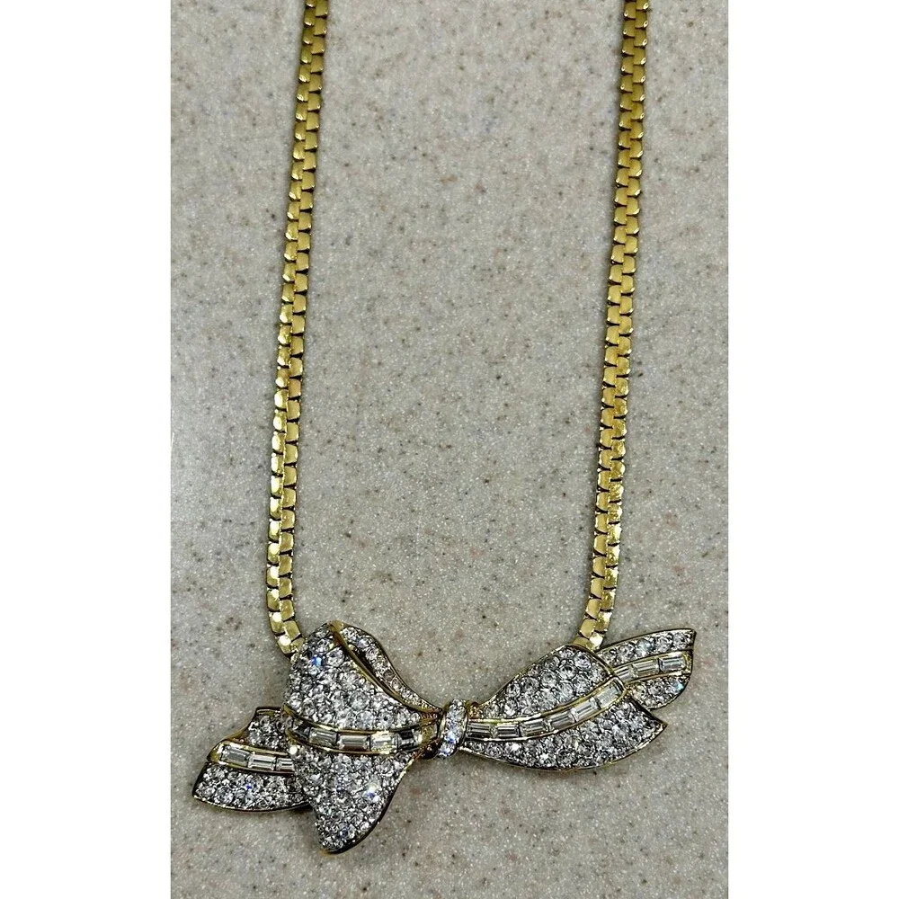 Vintage Style Yellow Gold-Tone Necklace w/Rhinestone Bow